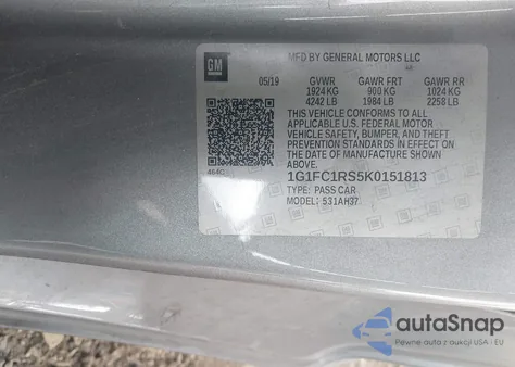 2019 Chevrolet Camaro 3Lt из США, поврежденный, VIN 1G1FC1RS5K0151813